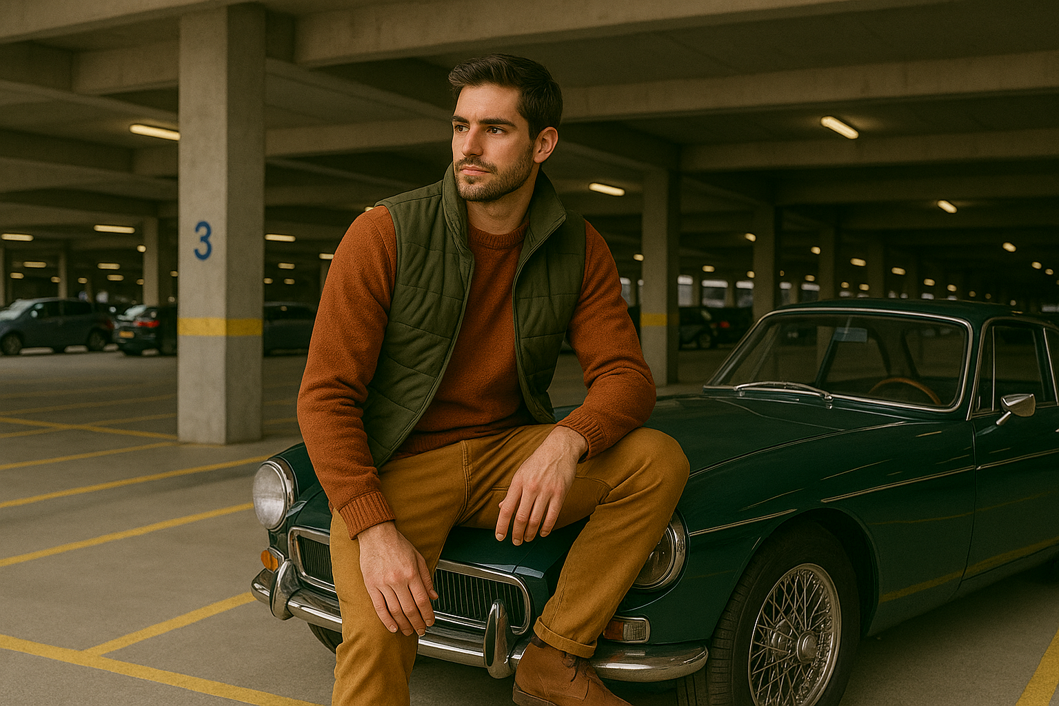 Man sitting on a vintage car in a parking garage
