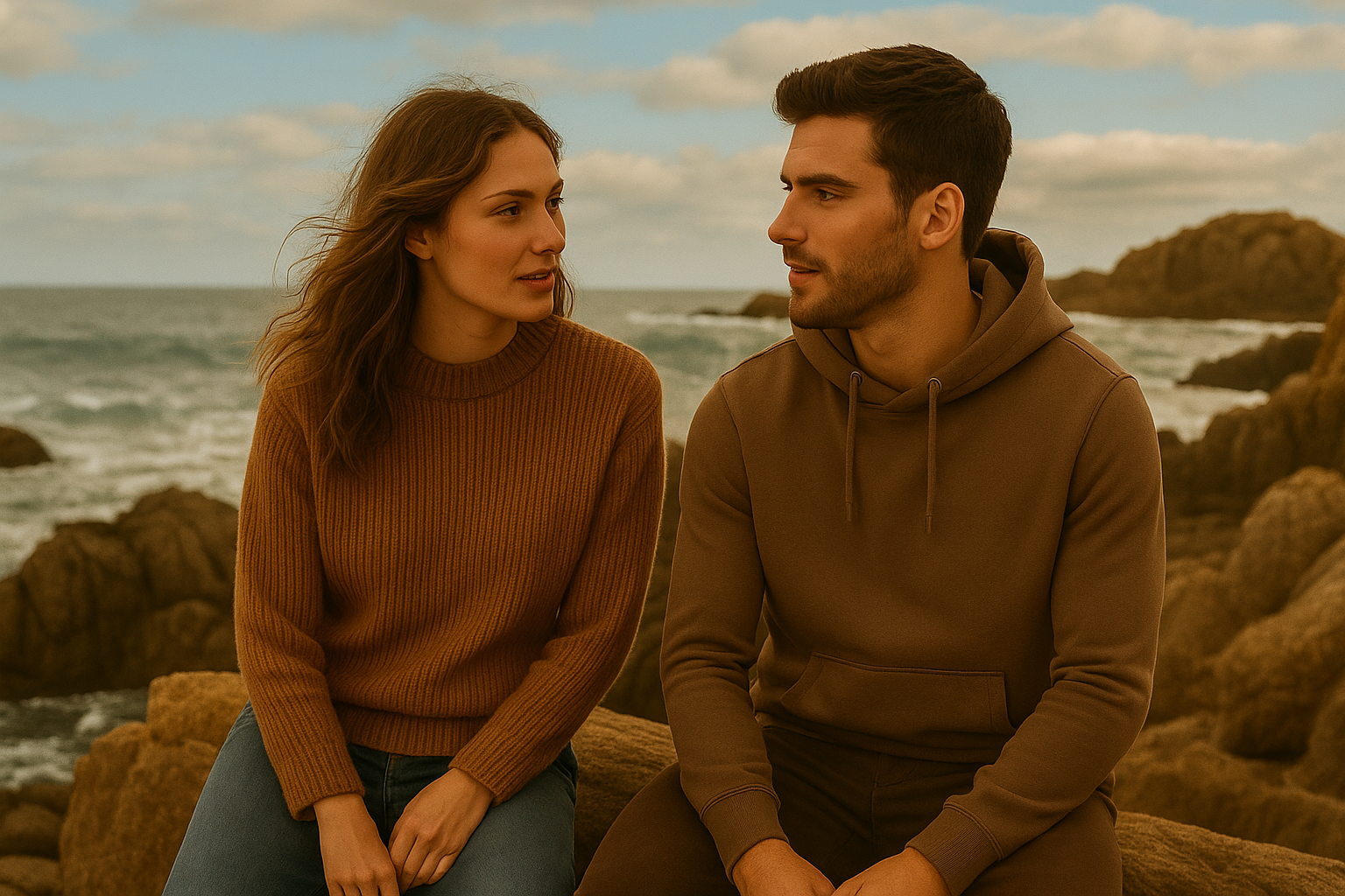Man and woman sitting on a rock by the ocean, wearing brown sweaters.